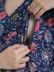 Floral Print Dark Blue Cotton Maternity Kaftan Nighty