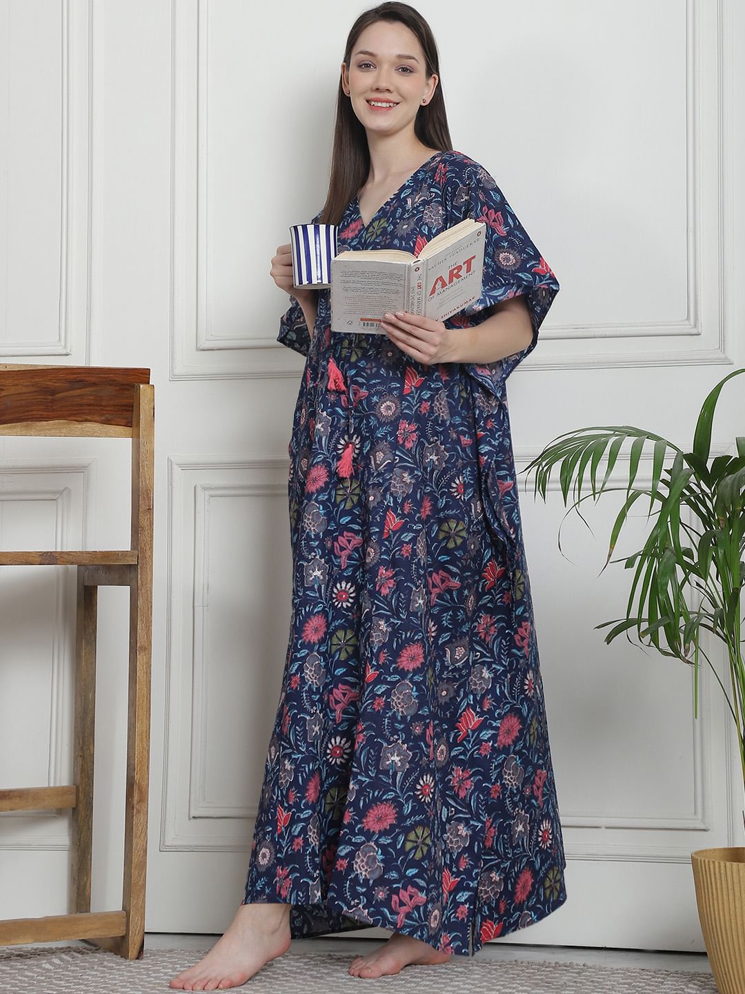 Floral Print Dark Blue Cotton Maternity Kaftan Nighty