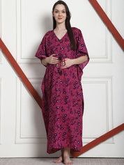 Floral Print Purple Cotton Maternity Kaftan