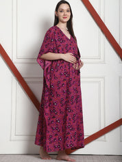 Floral Print Purple Cotton Maternity Kaftan