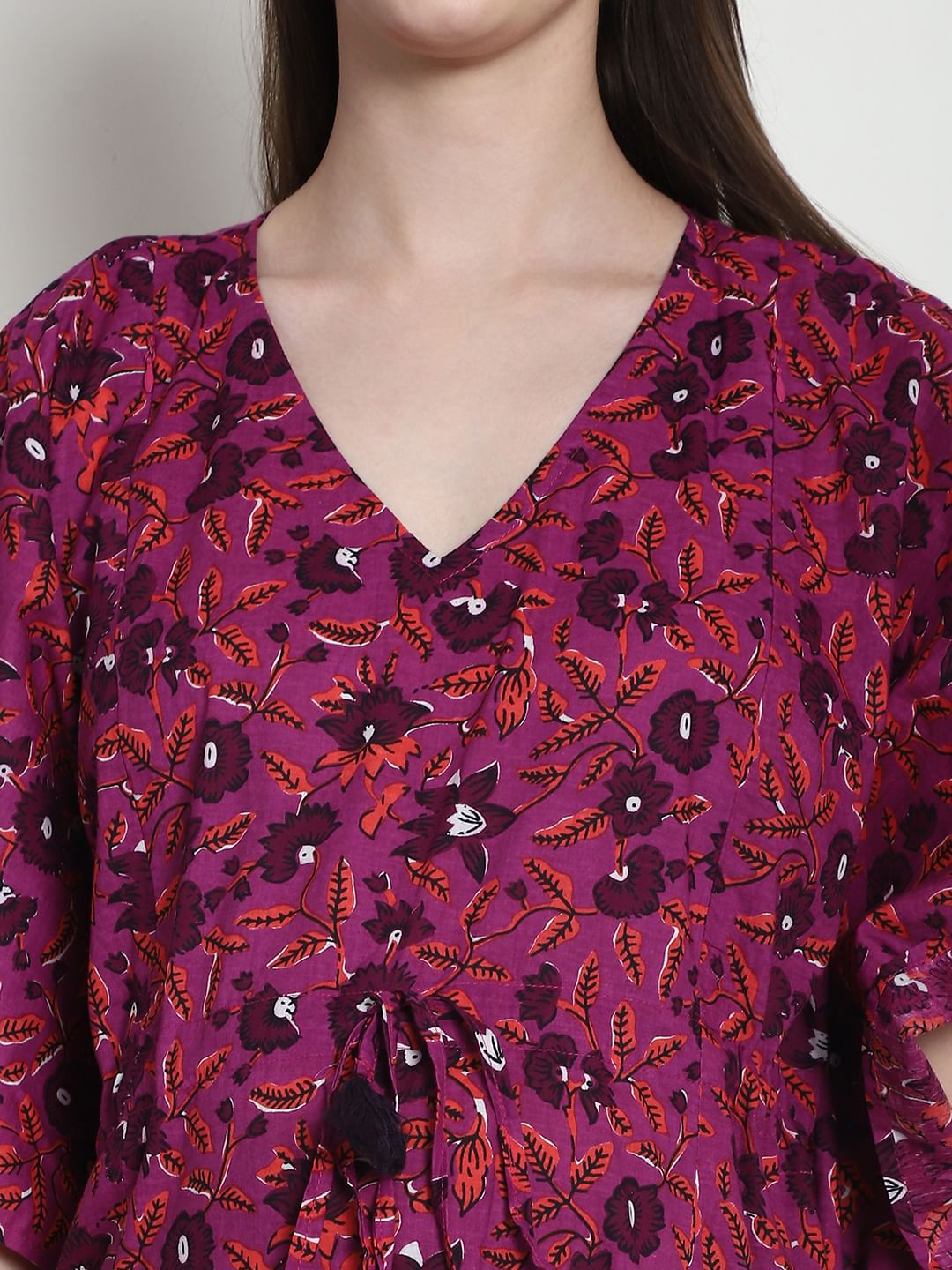 Floral Print Purple Cotton Maternity Kaftan