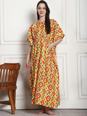 Geometric Print Yellow Cotton Maternity Kaftan