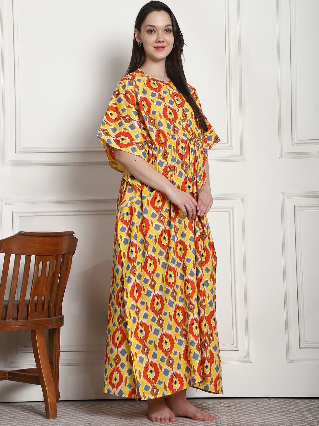 Geometric Print Yellow Cotton Maternity Kaftan