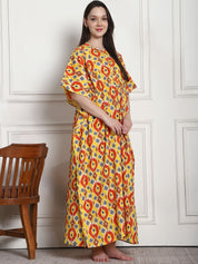 Geometric Print Yellow Cotton Maternity Kaftan
