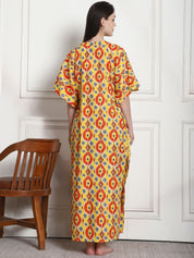 Geometric Print Yellow Cotton Maternity Kaftan