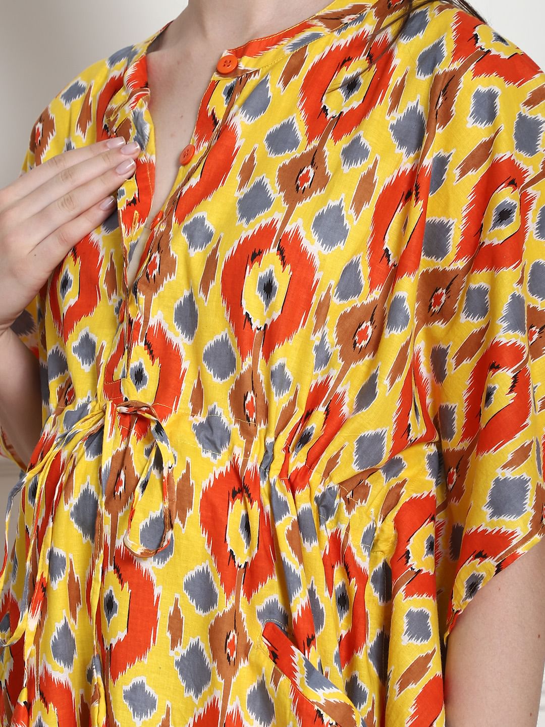 Geometric Print Yellow Cotton Maternity Kaftan