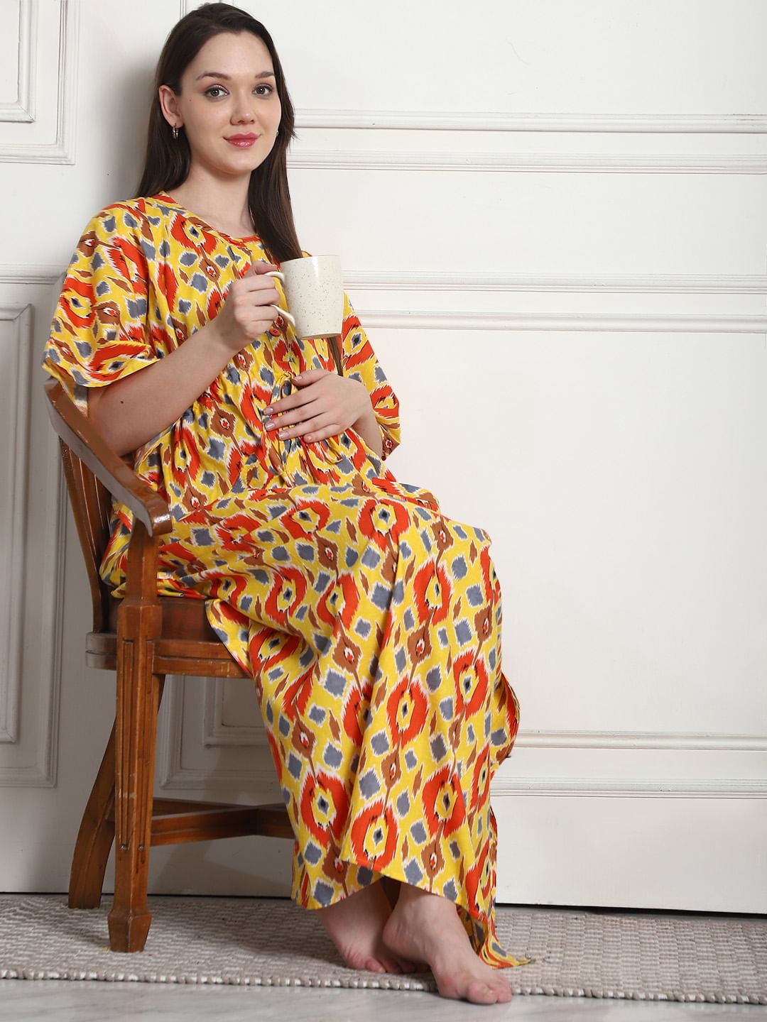 Geometric Print Yellow Cotton Maternity Kaftan