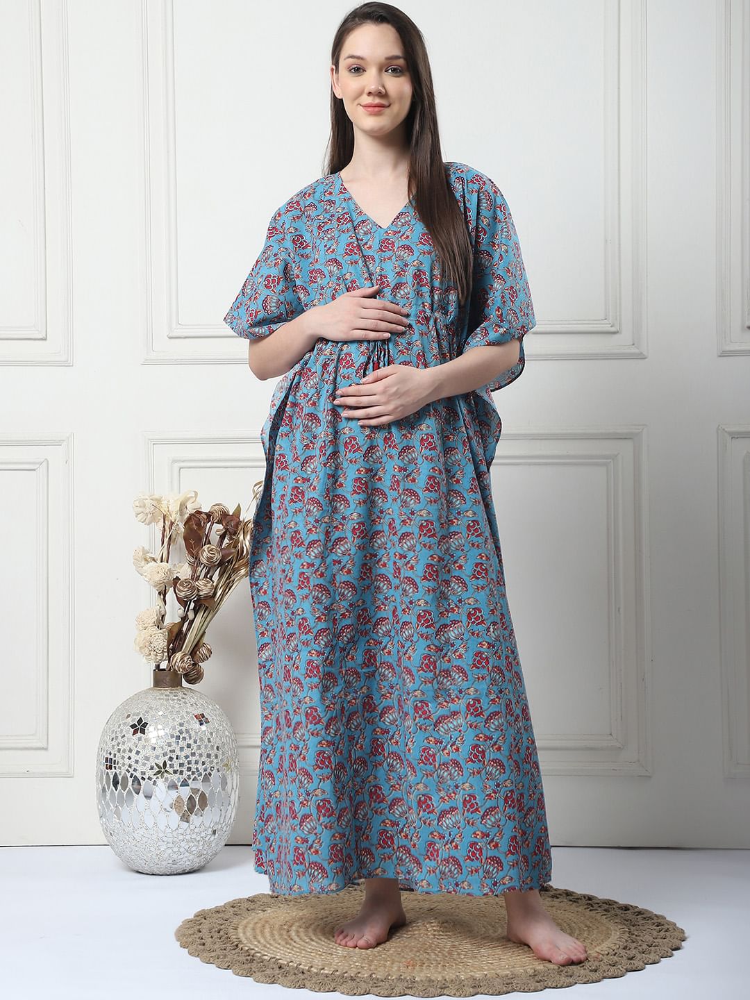 Floral Print Blue Cotton Maternity Kaftan