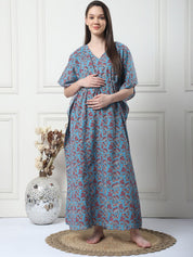 Floral Print Blue Cotton Maternity Kaftan