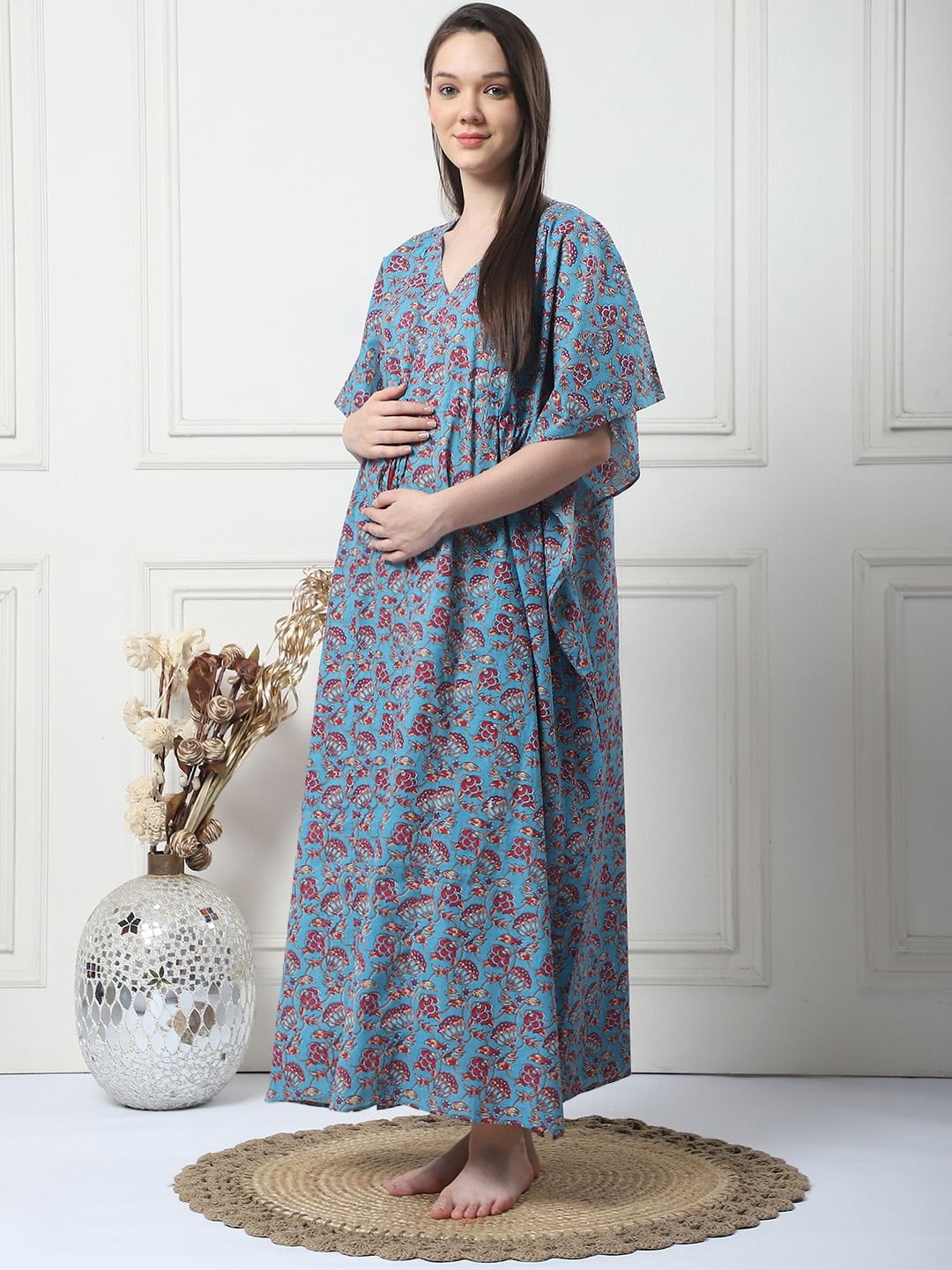 Floral Print Blue Cotton Maternity Kaftan