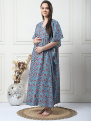 Floral Print Blue Cotton Maternity Kaftan