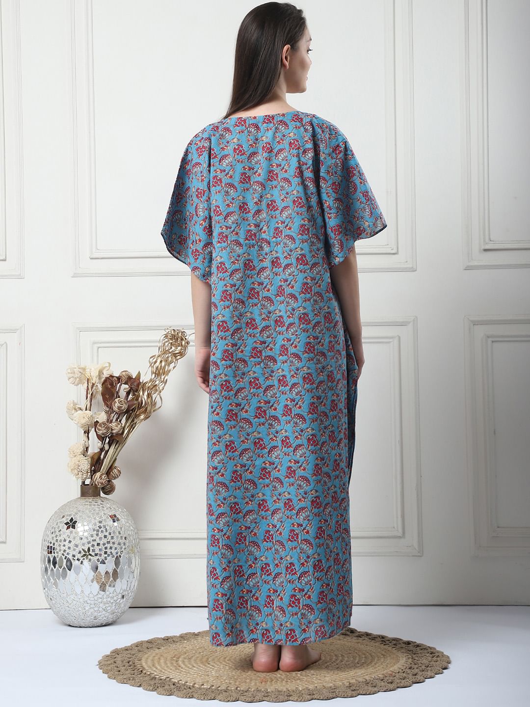 Floral Print Blue Cotton Maternity Kaftan