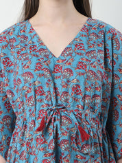 Floral Print Blue Cotton Maternity Kaftan