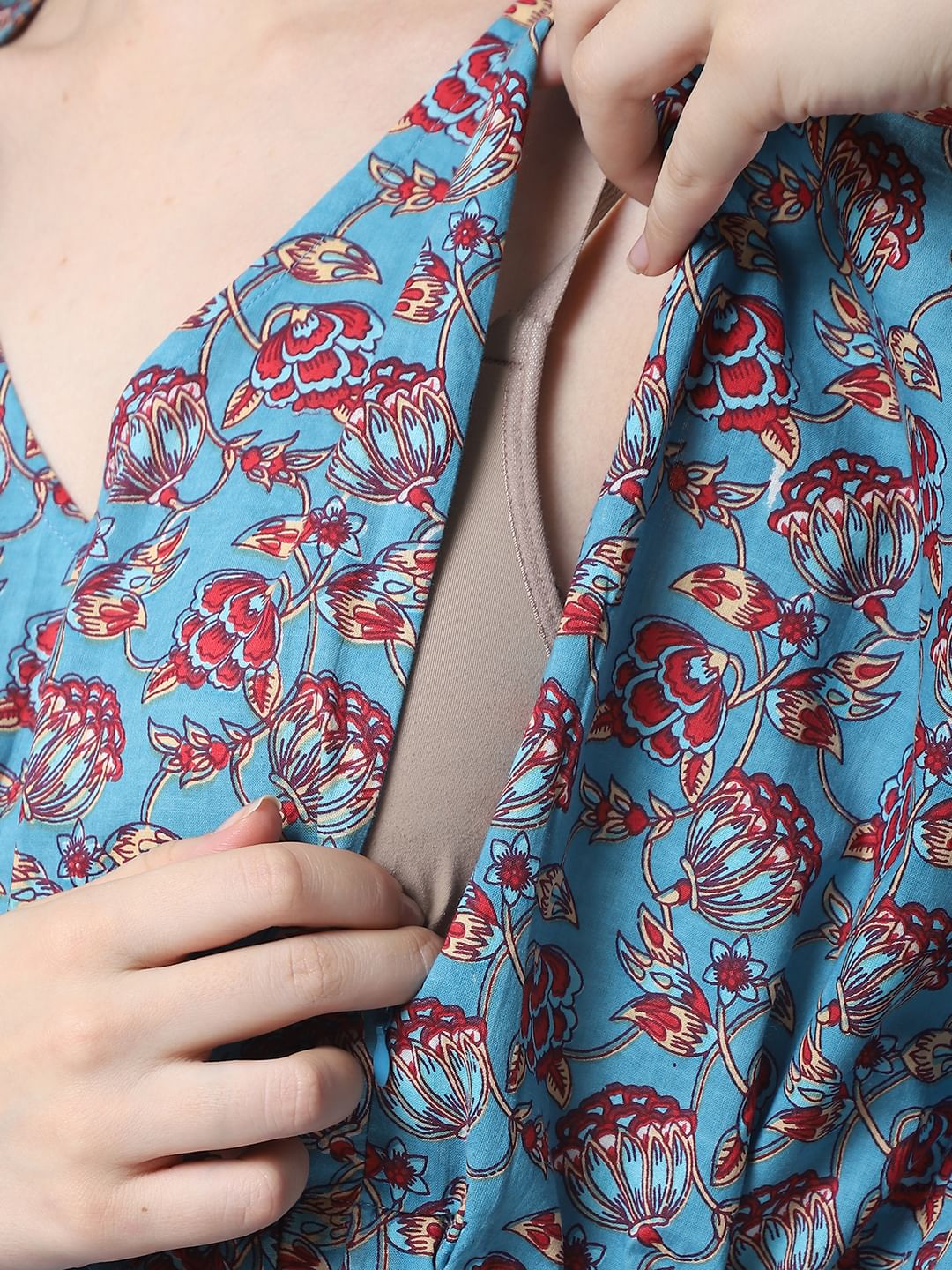 Floral Print Blue Cotton Maternity Kaftan