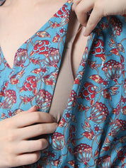 Floral Print Blue Cotton Maternity Kaftan