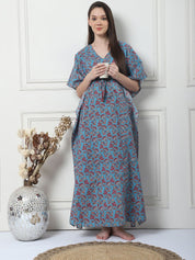 Floral Print Blue Cotton Maternity Kaftan