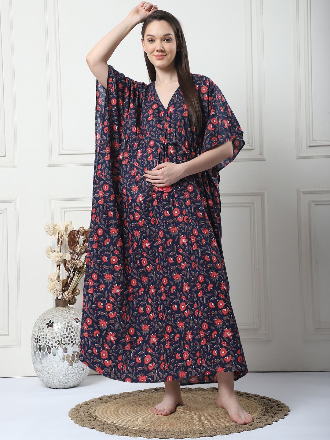 Floral Print Navy Blue Cotton Maternity Kaftan