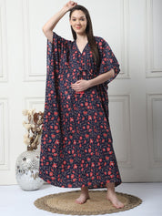 Floral Print Navy Blue Cotton Maternity Kaftan