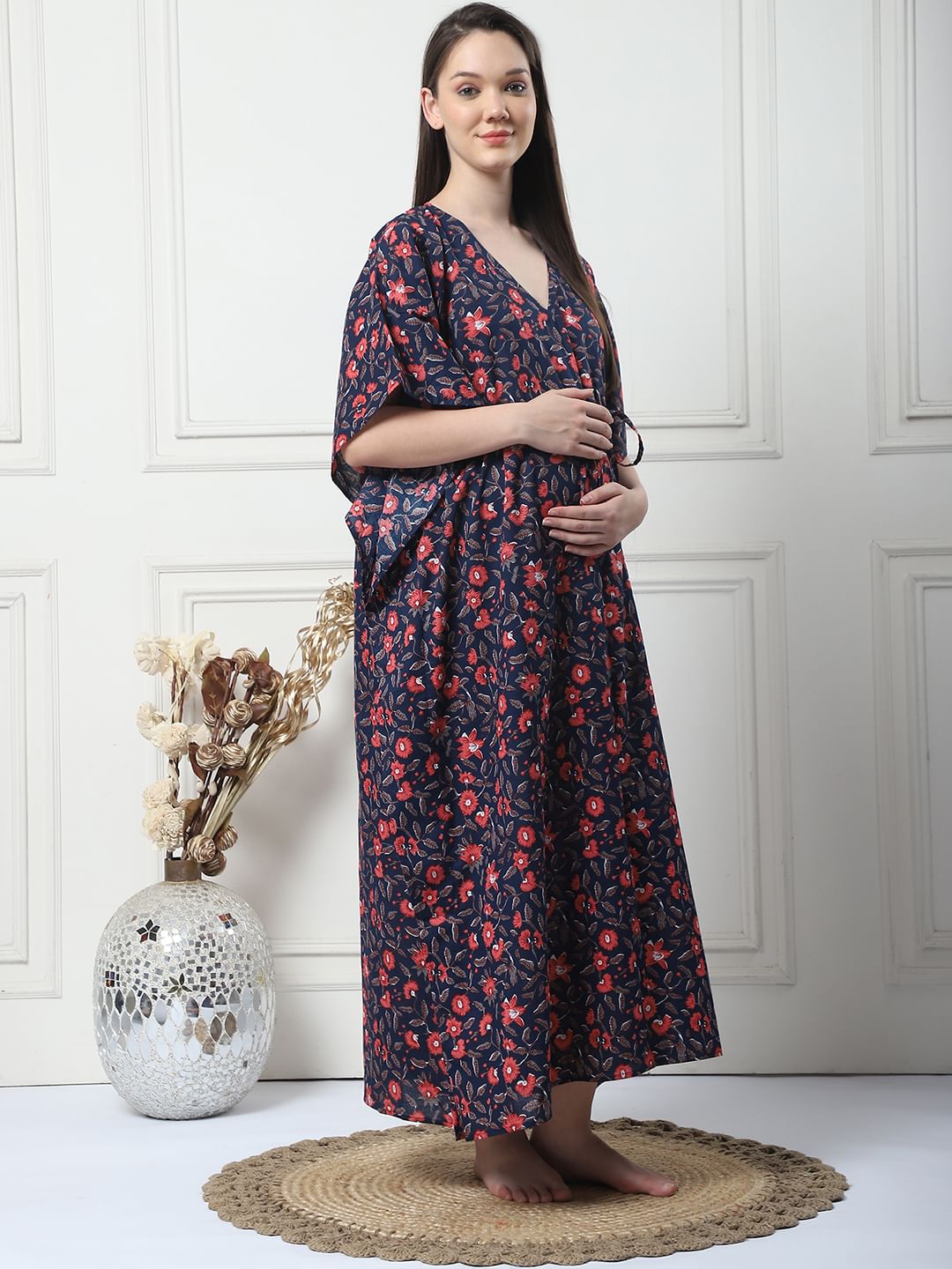 Floral Print Navy Blue Cotton Maternity Kaftan