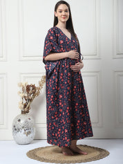 Floral Print Navy Blue Cotton Maternity Kaftan