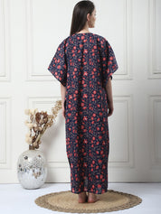 Floral Print Navy Blue Cotton Maternity Kaftan