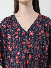 Floral Print Navy Blue Cotton Maternity Kaftan