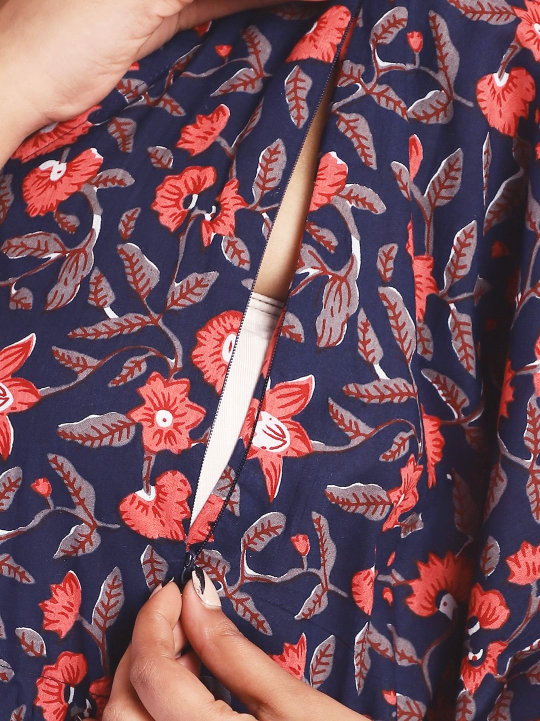 Floral Print Navy Blue Cotton Maternity Kaftan