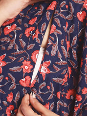 Floral Print Navy Blue Cotton Maternity Kaftan