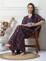 Floral Print Navy Blue Cotton Maternity Kaftan