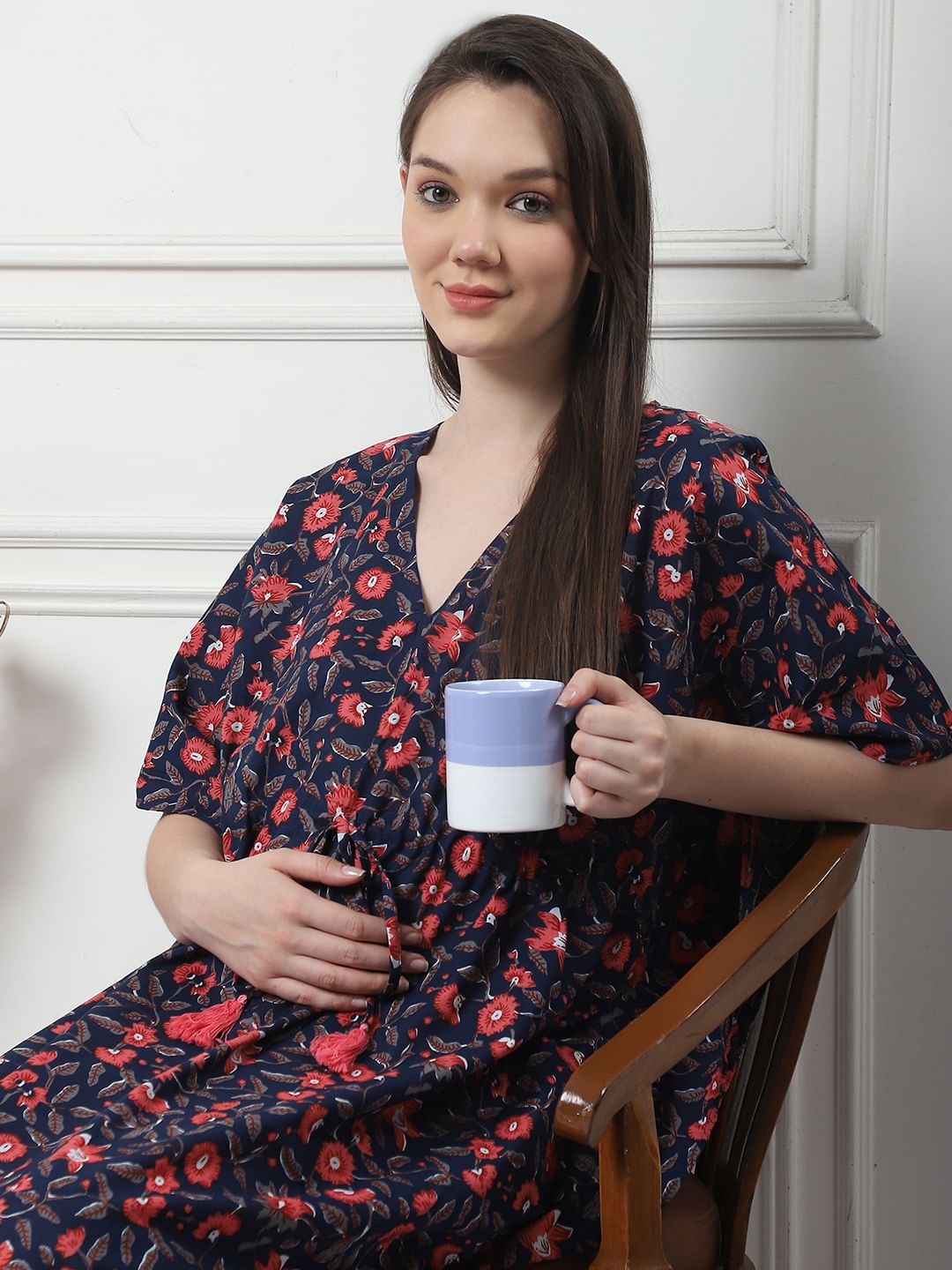 Floral Print Navy Blue Cotton Maternity Kaftan