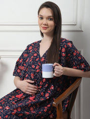 Floral Print Navy Blue Cotton Maternity Kaftan