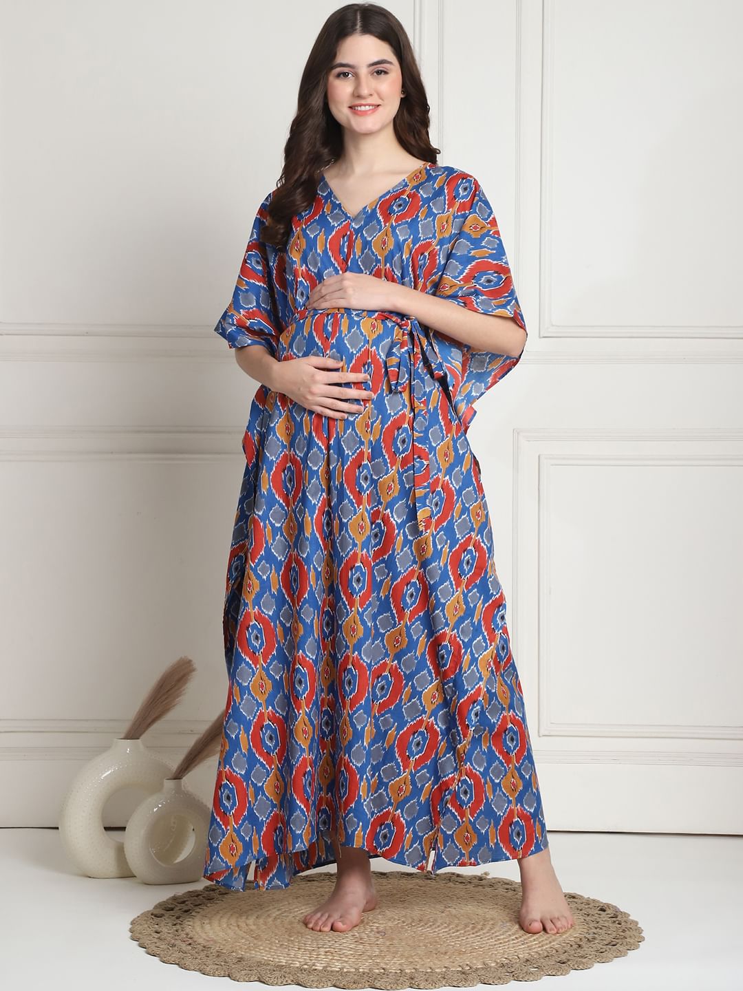 Geometric Print Blue Cotton Maternity Kaftan full length