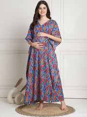 Geometric Print Blue Cotton Maternity Kaftan full length