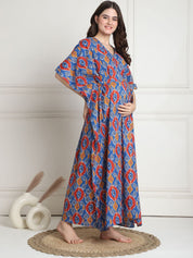 Geometric Print Blue Cotton Maternity Kaftan full length
