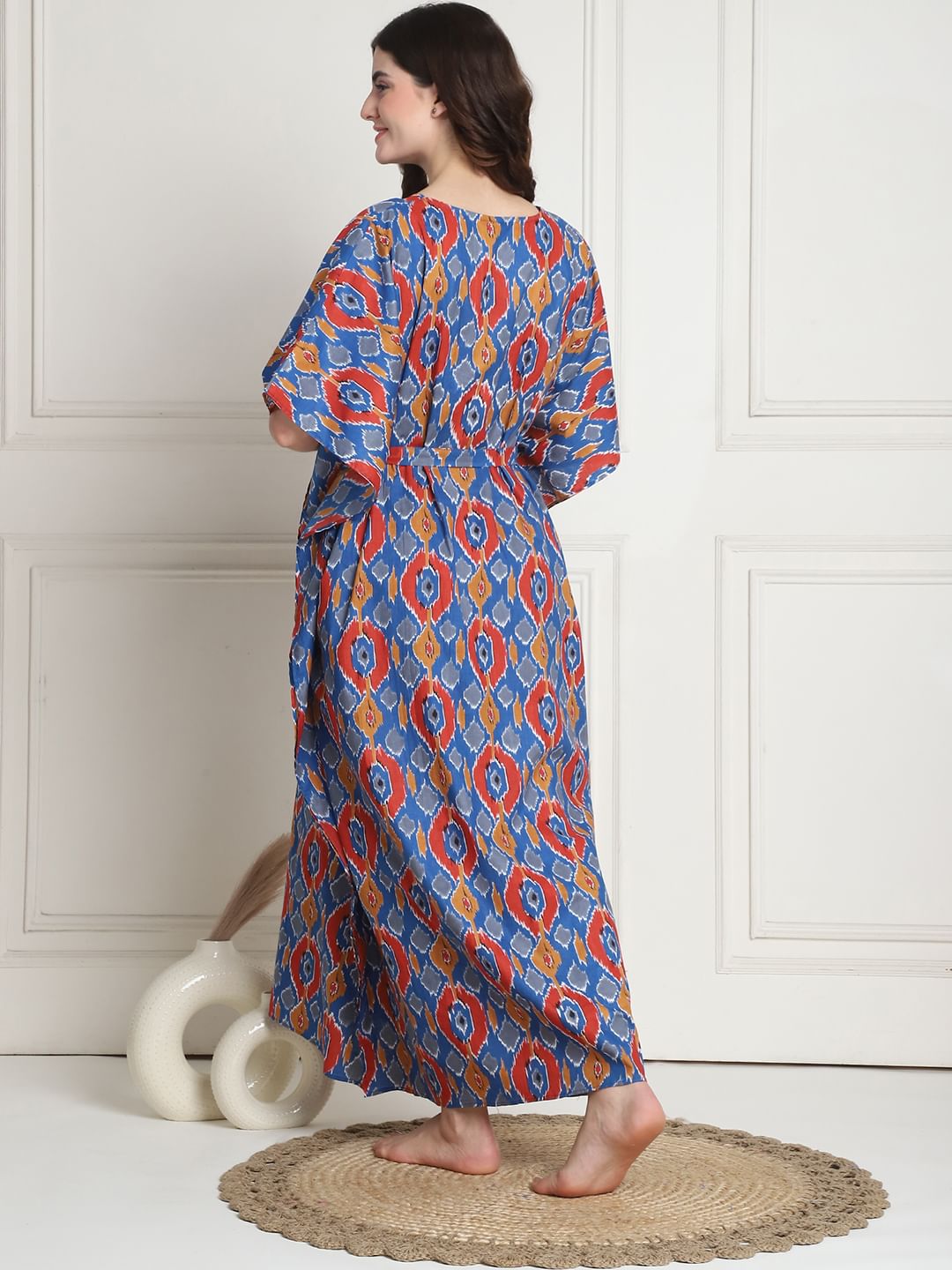 Geometric Print Blue Cotton Maternity Kaftan full length