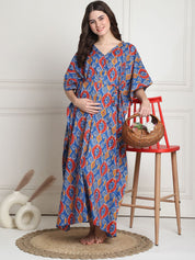 Geometric Print Blue Cotton Maternity Kaftan full length