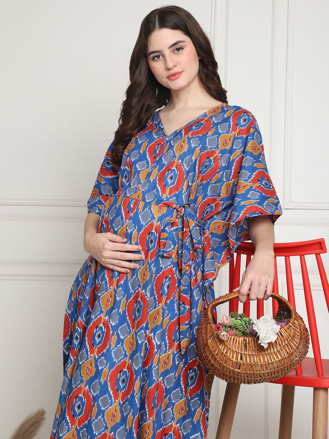 Geometric Print Blue Cotton Maternity Kaftan full length