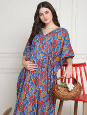 Geometric Print Blue Cotton Maternity Kaftan full length