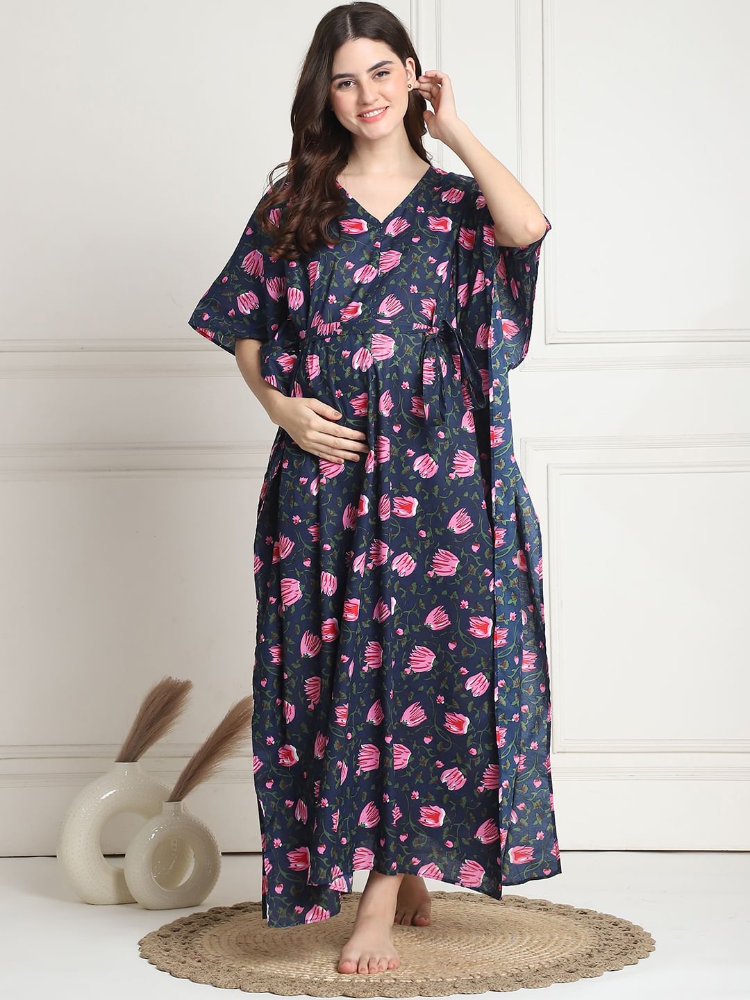 Floral Print Navy Blue Cotton Maternity Kaftan full length