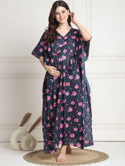 Floral Print Navy Blue Cotton Maternity Kaftan full length