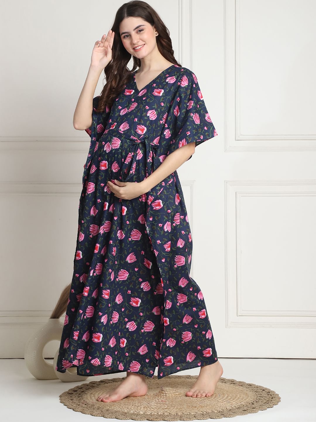 Floral Print Navy Blue Cotton Maternity Kaftan full length