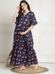 Floral Print Navy Blue Cotton Maternity Kaftan full length