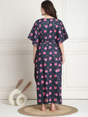 Floral Print Navy Blue Cotton Maternity Kaftan full length