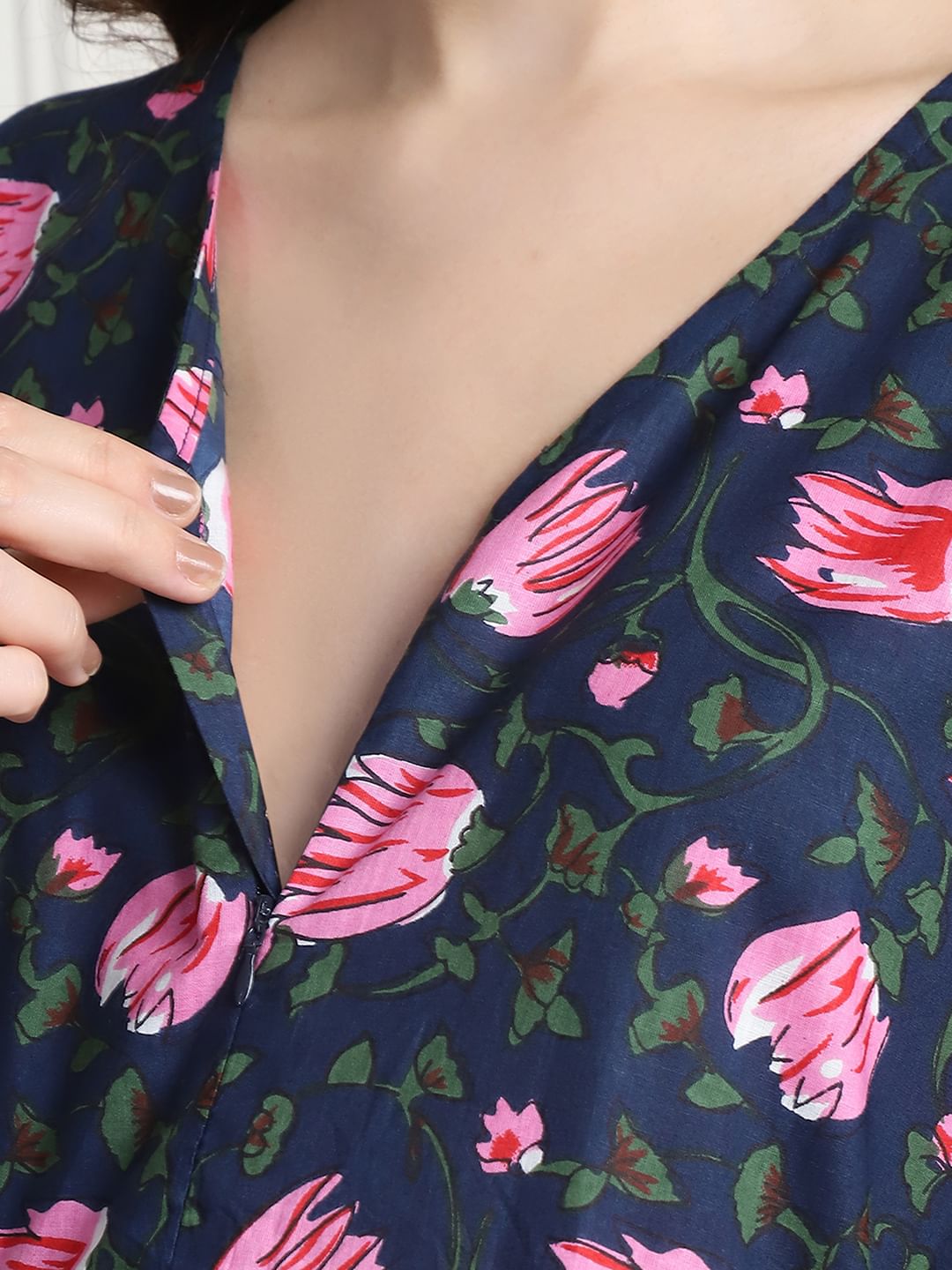 Floral Print Navy Blue Cotton Maternity Kaftan full length