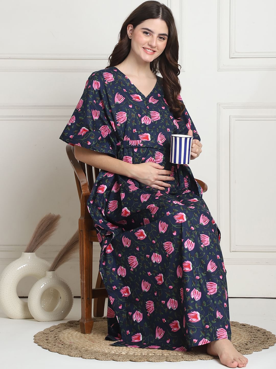 Floral Print Navy Blue Cotton Maternity Kaftan full length