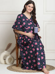 Floral Print Navy Blue Cotton Maternity Kaftan full length