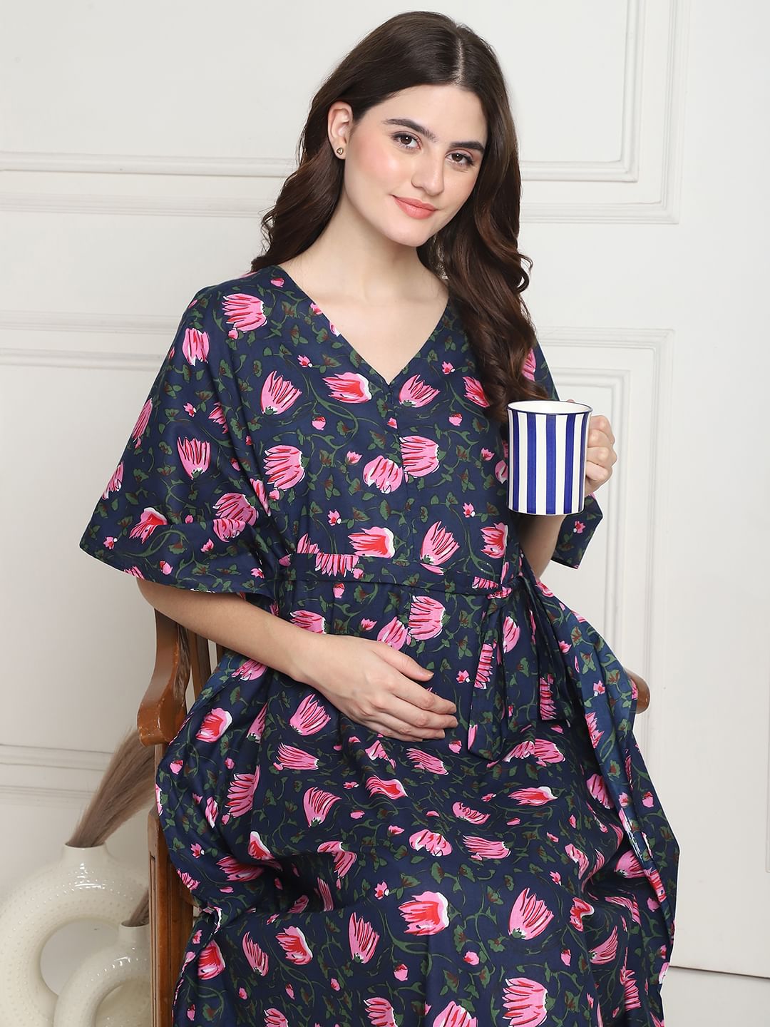 Floral Print Navy Blue Cotton Maternity Kaftan full length