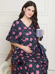 Floral Print Navy Blue Cotton Maternity Kaftan full length