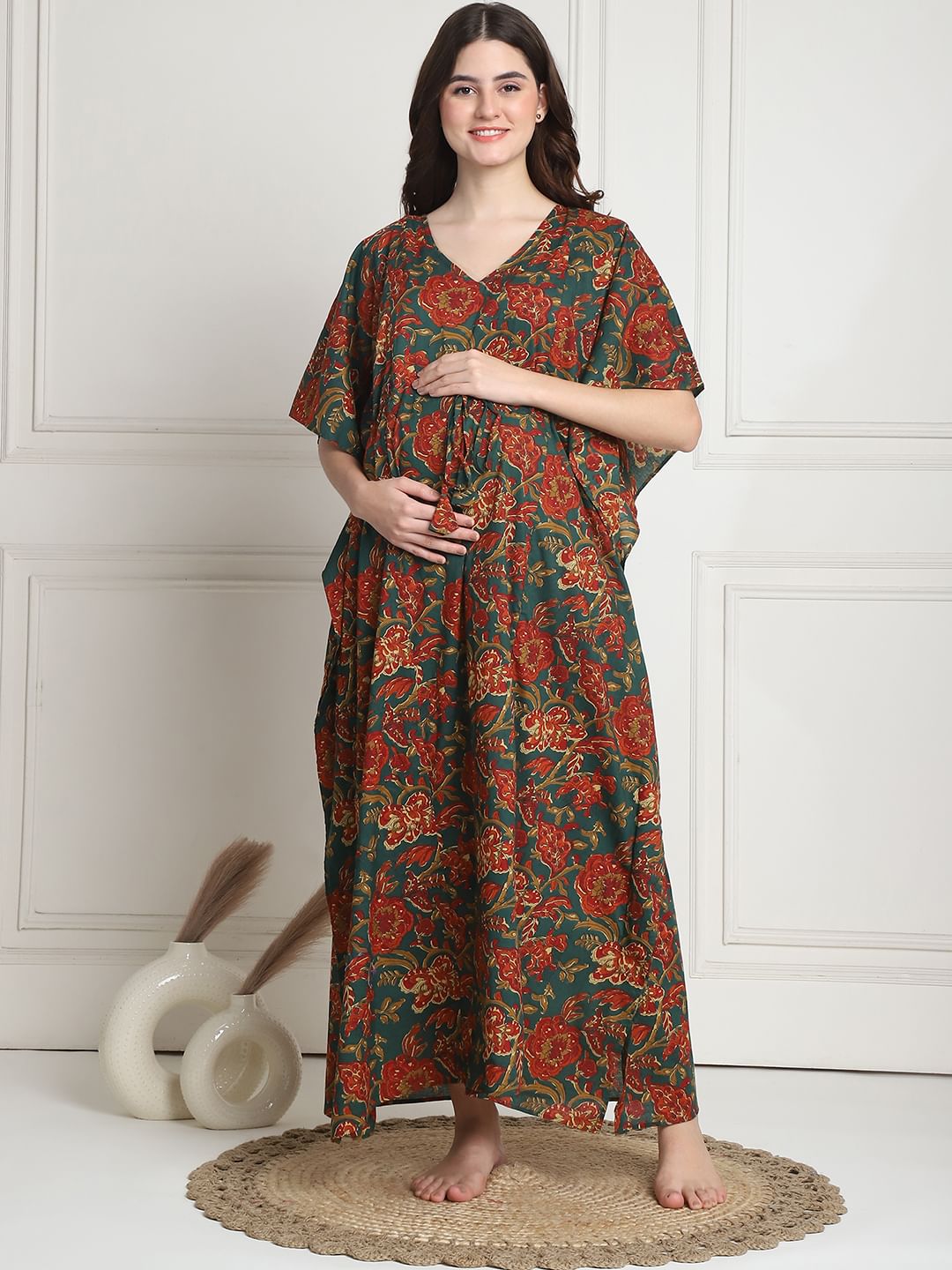 Floral Print Dark Green Cotton Maternity Kaftan full length