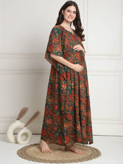 Floral Print Dark Green Cotton Maternity Kaftan full length